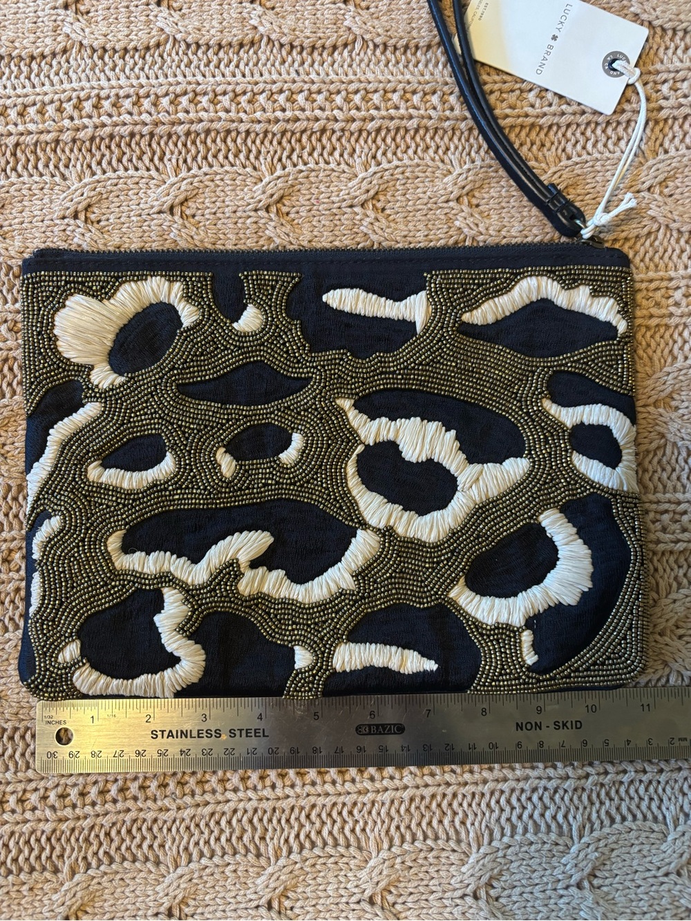Lucky Brand Black and Cream Beaded Leopard-Print Wristlet Clutch